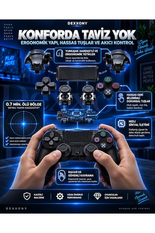 Dexxony Ps4 Uyumlu Kablosuz Bluetooth Oyun Kolu Pc/android Tv, Ölü Bölge, Siyah