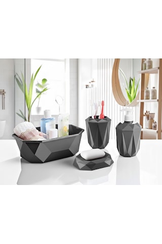 Geometrik Tasarımlı 4 Lü Banyo Seti Sabunluk Diş Fırçalık, Sıvı Sabunluk Sepet Koyu Gri