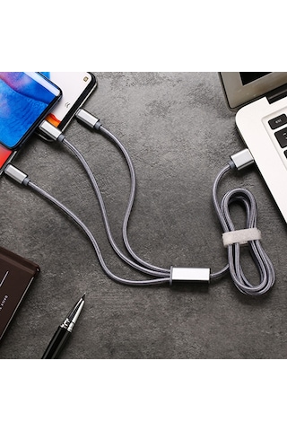 Mufunye Gri Nylon Örgü 3'ü 1 Data Kablosu: Lightning/type-c/micro Usb Bağlantıları, 2a Hızlı Şarj, Dayanıklı Metal Uçlar