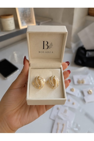 Gold Sedef Desenli Çelik Küpe Vintage Oval Tasarım Altın