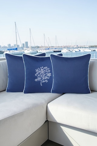 Kırlent Kılıfı 45x45 3'lü Set Marin Nakışlı Yosun Desen Su İtici Outdoor Keten Tekne Bahçe Lacivert