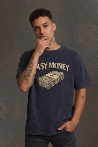 Technomonkey Lacivert Yıkamalı Retro Erkek Easy Money Baskılı Tişört