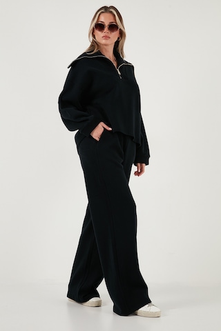 Lela Pamuklu Oversize Fit Yarım Fermuarlı Yaka Uzun Kollu Triko Bayan Takım 68351218 Siyah