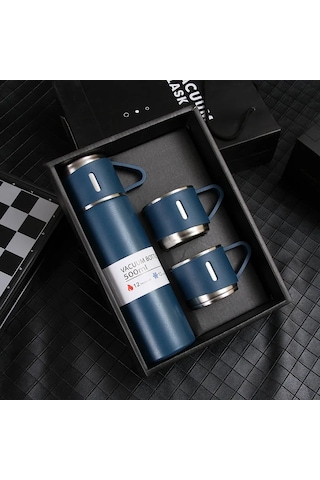 Dekorasyaa Paslanmaz Çelik 3 Bardaklı Termos 500 Ml - Mavi - Çanta Hediyeli - 12 Saat Sıcak Soğuk Mavi