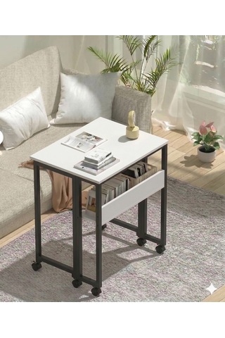 Sidney Kitaplık Raflı Katlanır Masa 70cm Tekerli Bilgisayar Masası Laptop Masası Siyah-beyaz Siyah - Beyaz