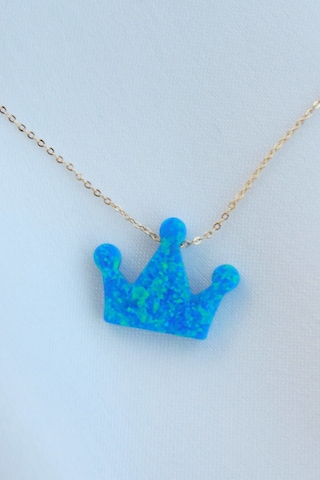 Opal Taşlı Kral Tacı Gold Kolye Mavi