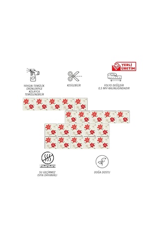 Tink Kendinden Yapışkanlı Kırmızı Çiçek Desenli Pvc Karo 10x10 Cm 20'li Paket Genel