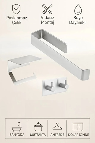 3'lü Set Paslanmaz Çelik Yapışkanlı Havlu Askılığı, Tuvalet Kağıtlığı Ve 2'li Askılık Yapışkanlı 2 Metal
