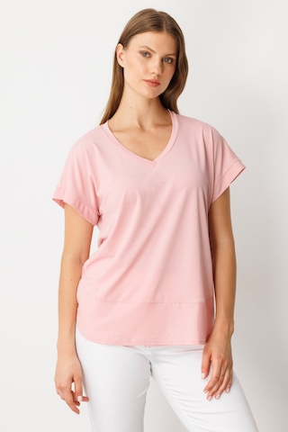 On Kadın Büyük Beden V Yaka Parçalı T-shirt 71476 Pudra