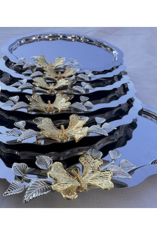 Denizhomecollection 6 Lı Oval Sunum Ve Kahve Tepsisi Yaprak Ve Kelebek Gri - Gümüş