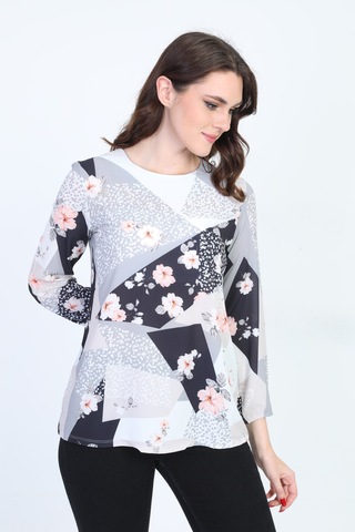 Ella Camelia Kadın Uzun Kollu Çiçek Desenli Bluz 18E081 Gri