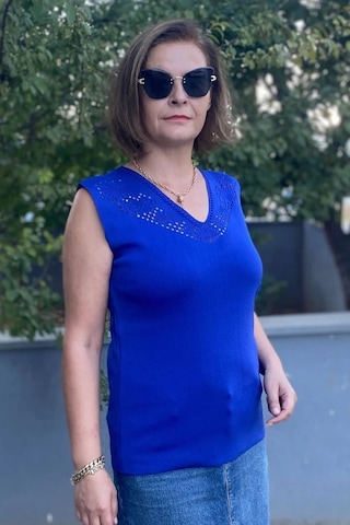 Mia Butik Kadın Lina Saks Mavi Merserize Kolsuz Bluz Saks Mavi