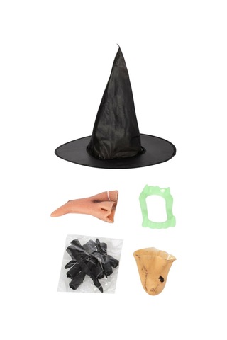 Cadılar Bayramı Halloween Cadı Kostüm Seti Şapka Burun Çene Tırnaklar Ve Diş 14 Parça