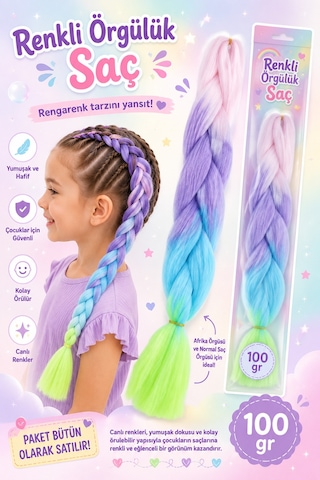 Premium Toz Pembe-mor-mavi-yeşil Ombreli Örgülük Saç 100gr