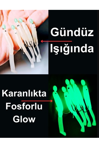 Ea genset Silikon Balıklı Çapari 5 Cm 2 Adet Silikon At Çek Takımı Şeffaf Yeşil Fosforlu Glow Beden Ve Fosforlu Glow Boncuklu