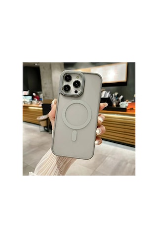 Apple iPhone Uyumlu 15 Pro Kılıf Kamera Çıkıntılı Arkası Buzlu Mat Magsafe Titanyum Kenarlı Kap Gri