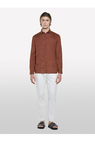 Sisley %100 Keten Regular Fit Gömlek Erkek Kahverengi Gömlek - 325p5bkusq029