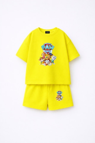 Fasardi Paw Patrol Baskılı Oversize %100 Pamuk Tişört Şort Çocuk 2li Takım Sarı