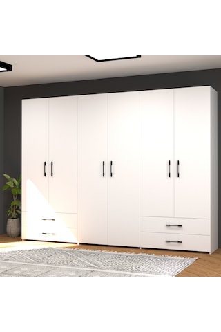 Asil No.4 İki Askılı Dokuz Raflı Dört Çekmeceli Altı Kapaklı Gardırop Beyaz