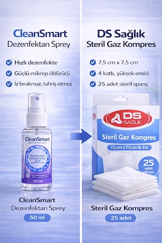 Ds Sağlık Sterilgaz Kompres 7,5 7,5 Cm 25 Adet + Cleansmart 50 Ml Dezenfektan Sprey Yara Bakım Seti