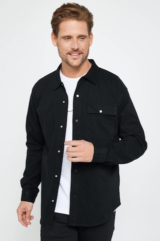 Tudors Relax Fit Rahat Kesim Çıtçıtlı Tek Cep Apaj Yaka 4 Mevsim Denim Düz Siyah Erkek Gömlek-31197-siyah Siyah
