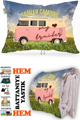 Karavan Camping-2 Baskılı Tv Battaniyeli Opsiyonel Dekoratif Hediye Yastık Battaniye 2in1 Gifts-2 Çok Renkli
