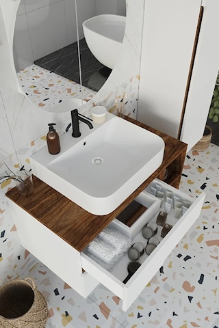 Koza Beyaz 90 Cm %100 Mdf Banyo Dolabı Ayna Lavabo Boy Dolabı Beyaz
