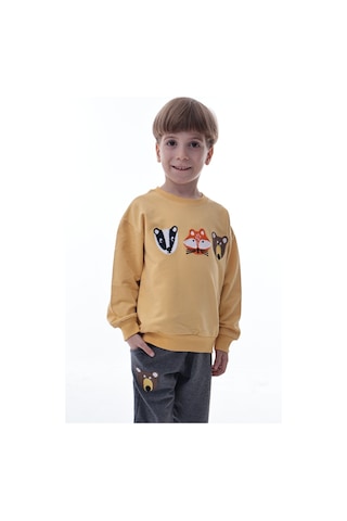 Erkek Çocuk Hayvan Figürlü Sarı Sweatshirt Ve Gri Eşofman Takımı Yumuşak Kumaş, Rahat Kalıp Takım Sarı