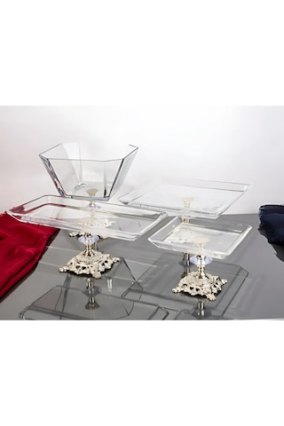 Assa Bazaar Argkristal Gümüş Detaylı Metal Ayaklı 4 Parça Sunum Seti Gümüş