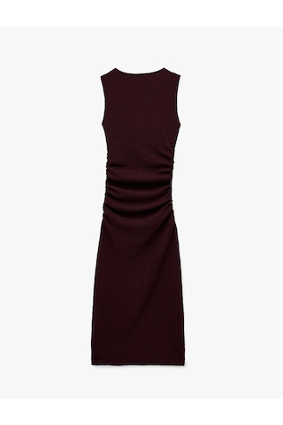 Koton Drape Detaylı Kolsuz Dokulu Bisiklet Yaka Slim Fit Uzun Elbise Bordo 6wal80040ık Bordo