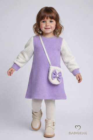 Babyden's Bayramlık Şık Ve Rahat Kız Bebek Elbise Çantalı Yumuşak Peluş Kollu Kışlık Çocuk Kombini Lila