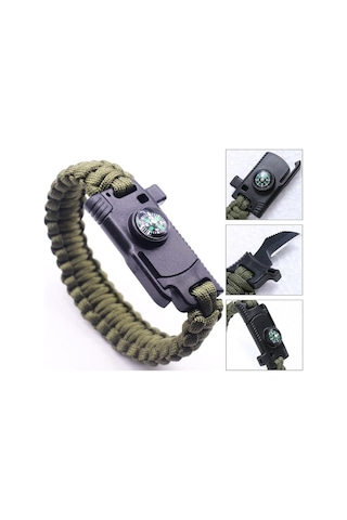 9595  Pusulalı ve Bıçaklı Paracord Bileklik Haki Çok Renkli