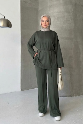 Thiff Tesettür Önü Bağlamalı Oversize Çimalı Modal Takım Yeşil