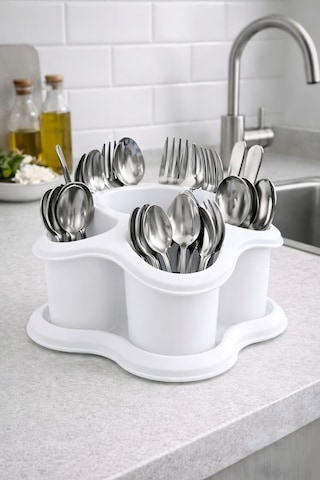 Mutfak Tezgah Üstü Kaşıklık Ve Düzenleyici 5 Bölmeli Çok Amaçlı Plastik Organizer Papatya 16x16cm Beyaz