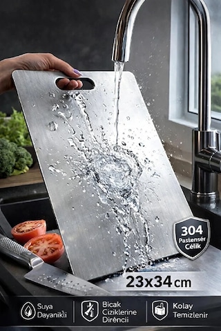 Çelik Paslanmaz Metal Tezgah Koruyucu Kesme Çelik Tahtası Hamur Açma Tezgahı 23x34 Cm Metalik