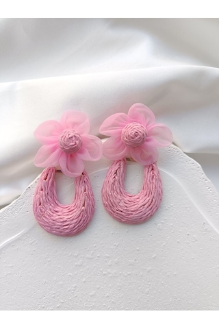 Pembe Çiçekli Hasır Küpe Altın - Pembe
