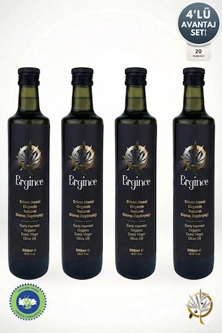 Ergince Organik Erken Hasat Natürel Sızma Zeytinyağı Soğuk Sıkım 0,2 Asit Premium Lezzet 4x500 Ml