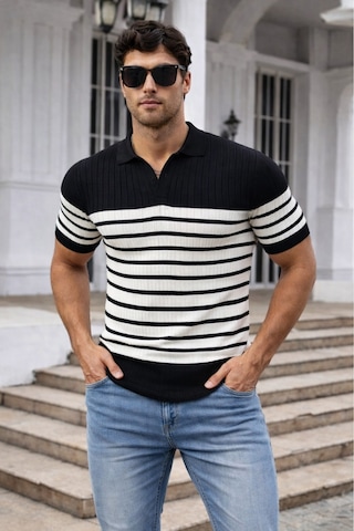 Tarz Cool Erkek Çizgili Triko Polo Yaka Slim Fit T-shirt Siyah