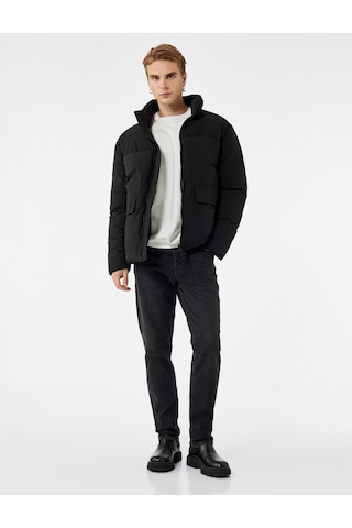 Koton Uzun Kollu Kapaklı Cep Detaylı Fermuarlı Slim Fit Dik Yaka Kışlık Şişme Mont Siyah 6wam20125hw Siyah