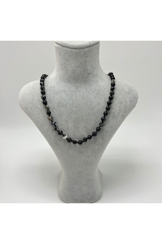 Yıldız Doğal Taş Göz Akik Doğal Taş 6 MM Makrome Kolye 45 CM - 55 CM Ayarlanabilir Siyah