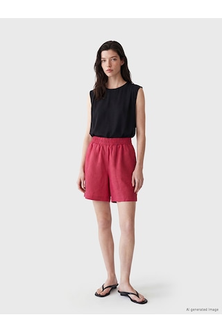 Lcw Comfort Fuşya Beli Lastikli %100 Keten Kadın Şort