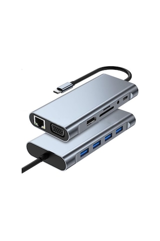 11 İn 1 Type-c To Usb Hub Hdmı 4k ,audio/, Type-c/, 4x Usb 3.0/, Lan/, Vga/, Sd Card Reader Çevirici Hub 10 Port Adapt