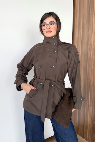 Giysa Kadın Dik Yaka Beli Kuşaklı Çift Cepli Trençkot Siyah - 27k 5980 Kahverengi