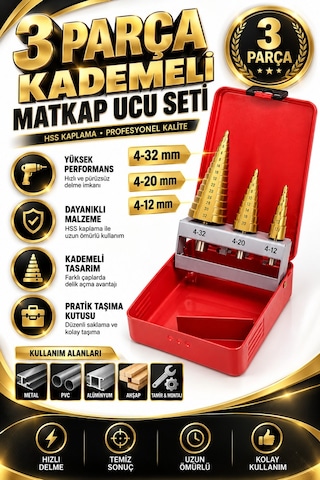 Kademeli Matkap Ucu Seti 3 Parça 4-12 4-20 4-32 Mm Hss Konik Delm