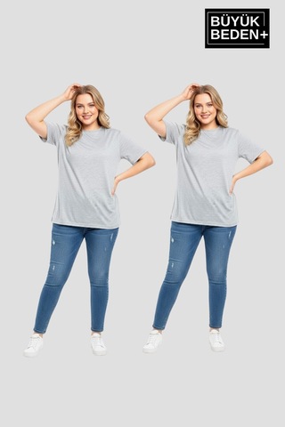 Superlife Büyük Beden Kadın Basic Bisiklet Yaka 2'li Tişört Seti Spr26btsk510+2 Grey Mel-grey Mel
