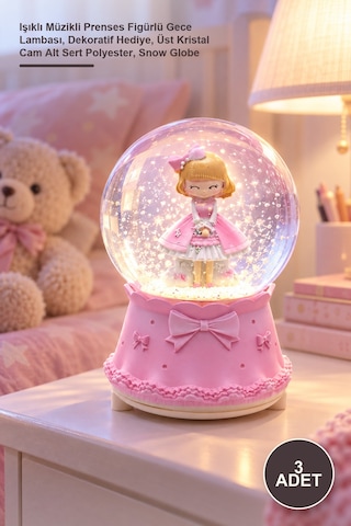 3 Adet Orta Boy Kar Küresi Işıklı Müzikli Prenses Figürlü Gece Lambası, Dekoratif Hediye, Üst Kristal Cam Alt Sert Polyester, Snow Globe