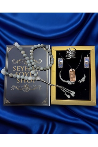 Luxury Seri Özel Tasarım Kitap Kutulu Kadın Takı Seti Ve Tesbih Kombin - Kolye Küpe Yüzük Bileklik Ekstra Boncuk Bileklik 6 Parça Hediyelik - Doğum Günü Yıl Dönümü Sevgililer Günü Gösterişli Hediye - L-00119 Bakır