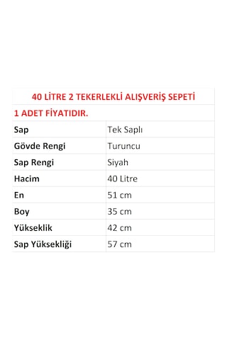 40 Litre 2 Tekerlekli Plastik Alışveriş El Sepeti Turuncu 1 Adet / En:51 Boy:35 Yükseklik:42 Cm