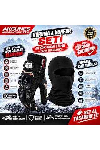 Akgüneş Motogaraj Motosiklet Koruma Eldiveni Ve Termal Kar Maskesi Kışlık Ekonomik Set Siyah