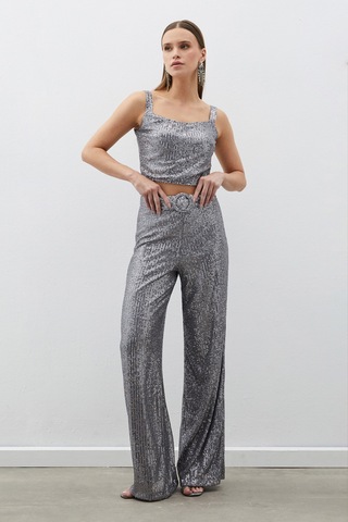 Sateen Kemerli Payet Pantolon - Gümüş